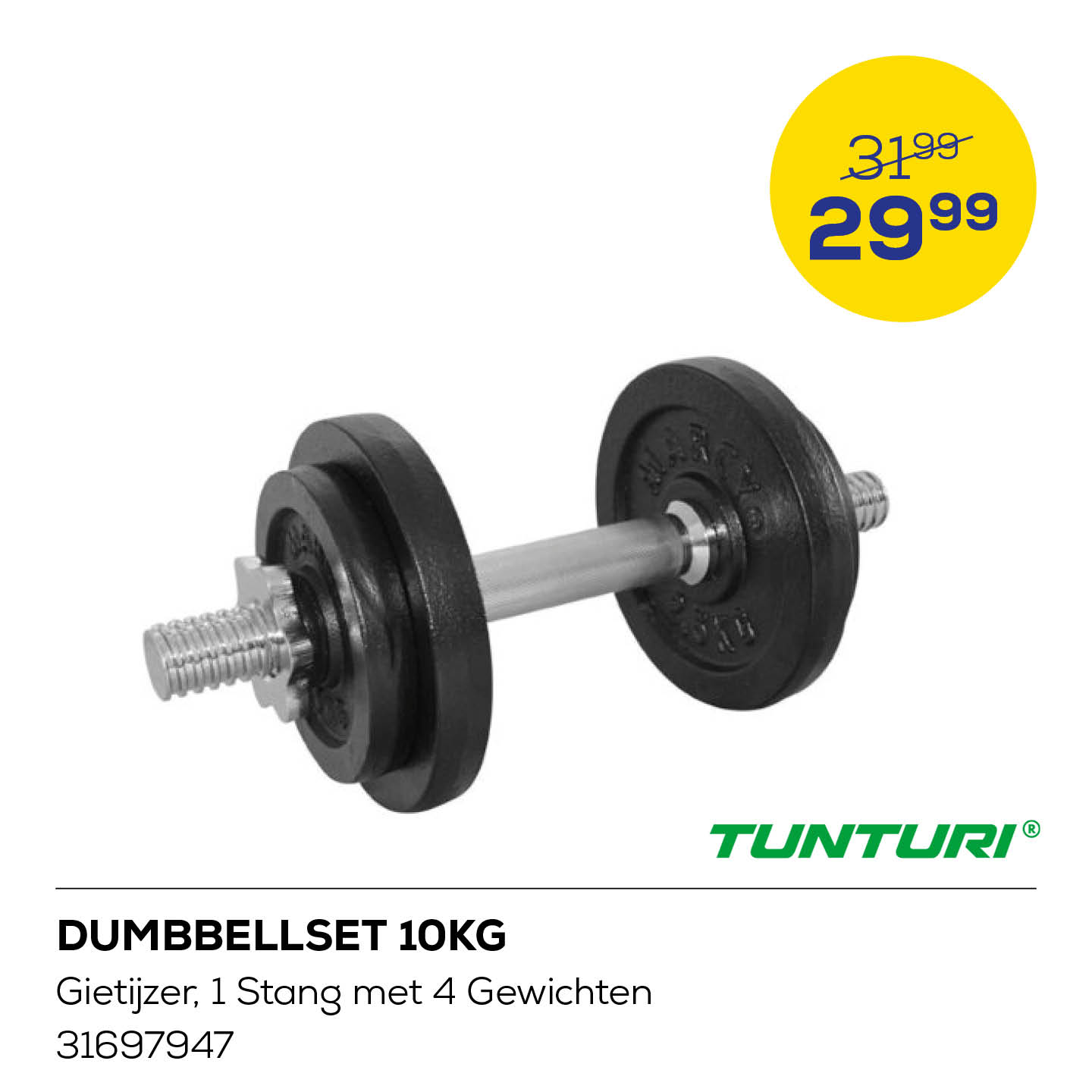 Tunturi Dumbbellset 10kg Gietijzer 1 Stang met 4 Gewichten